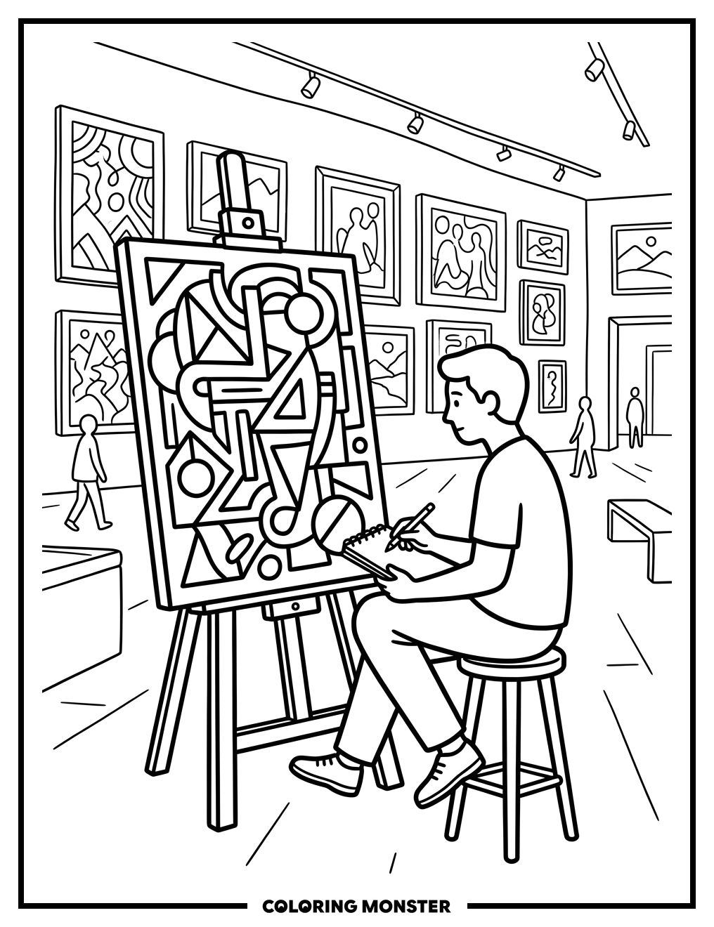 Artist Sketching in Gallery Coloring Page