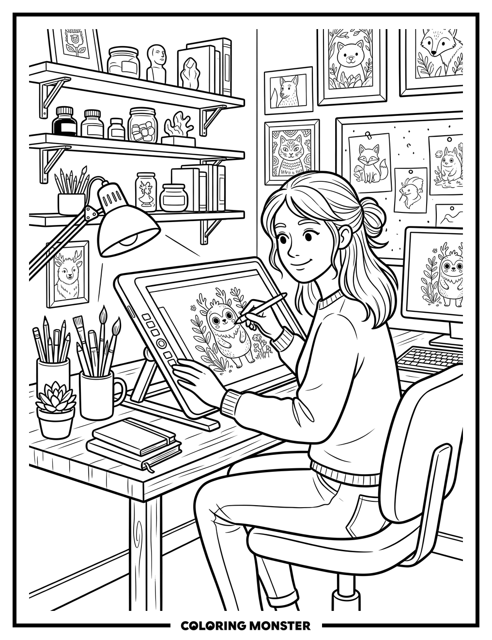 Artist Working At Her Desk Coloring Page