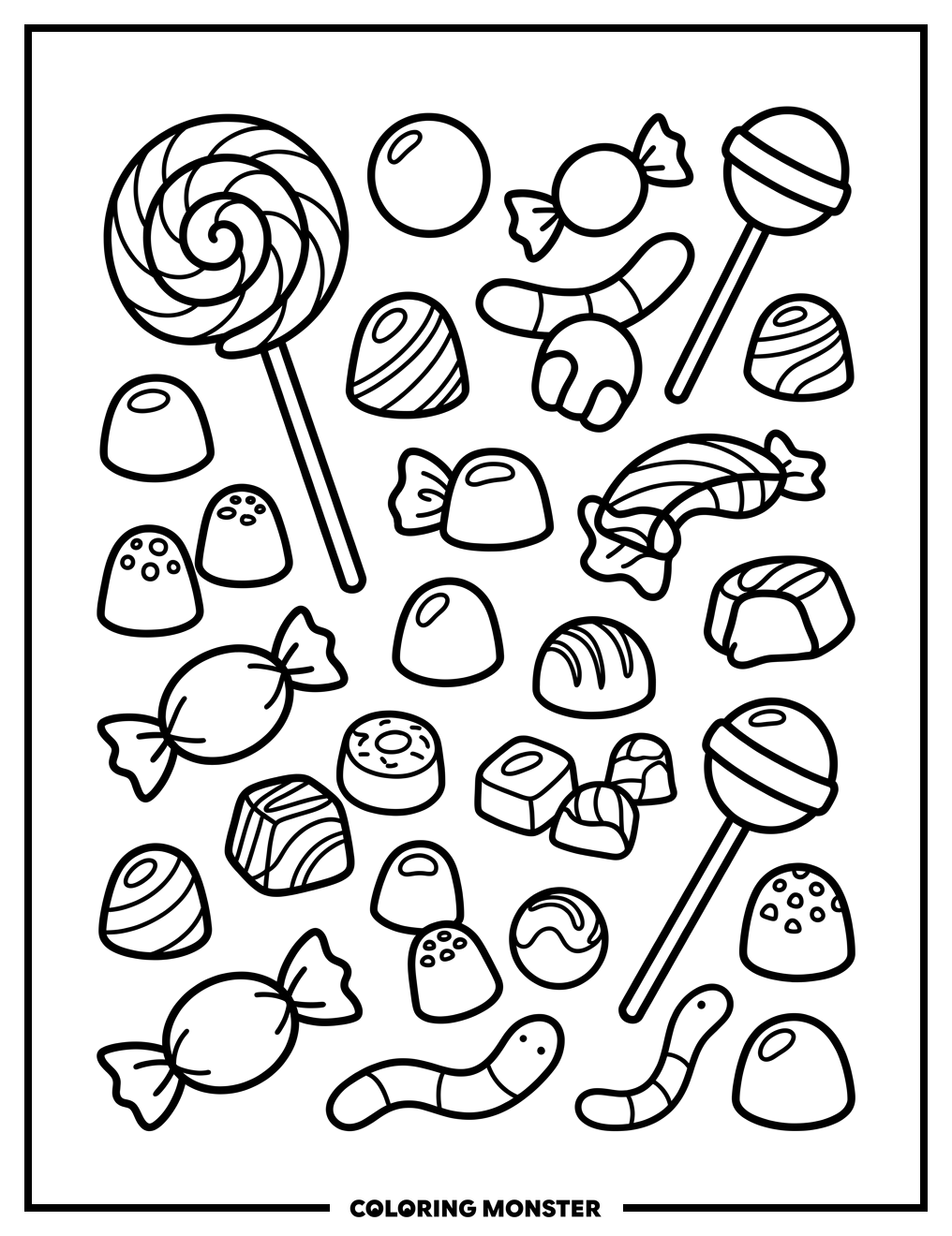 Assorted Candies Scattered On A Surface Coloring Page