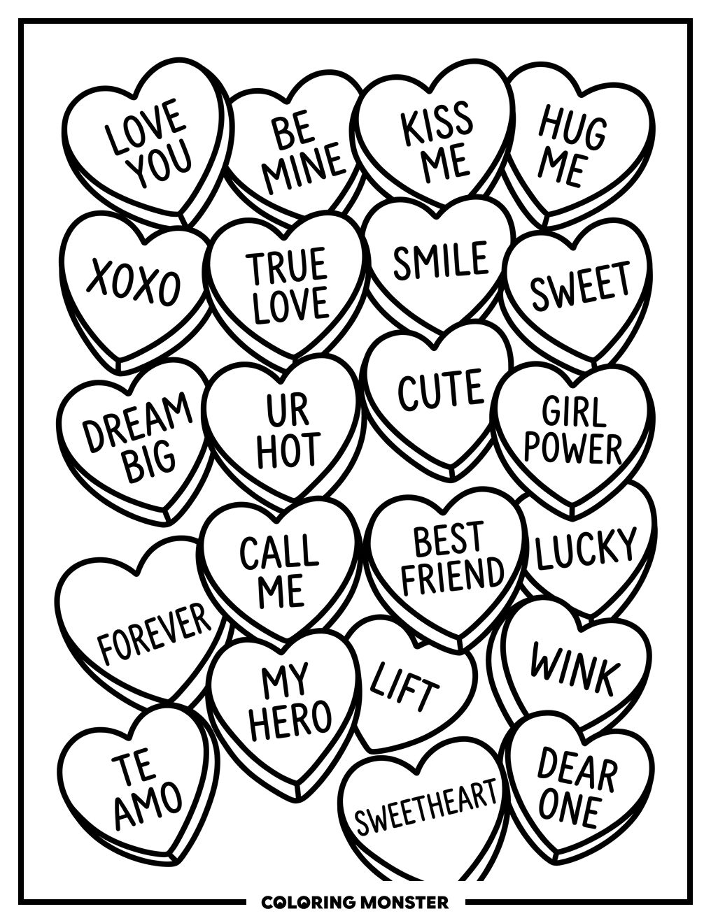 Assorted Candy Hearts Pile Coloring Page