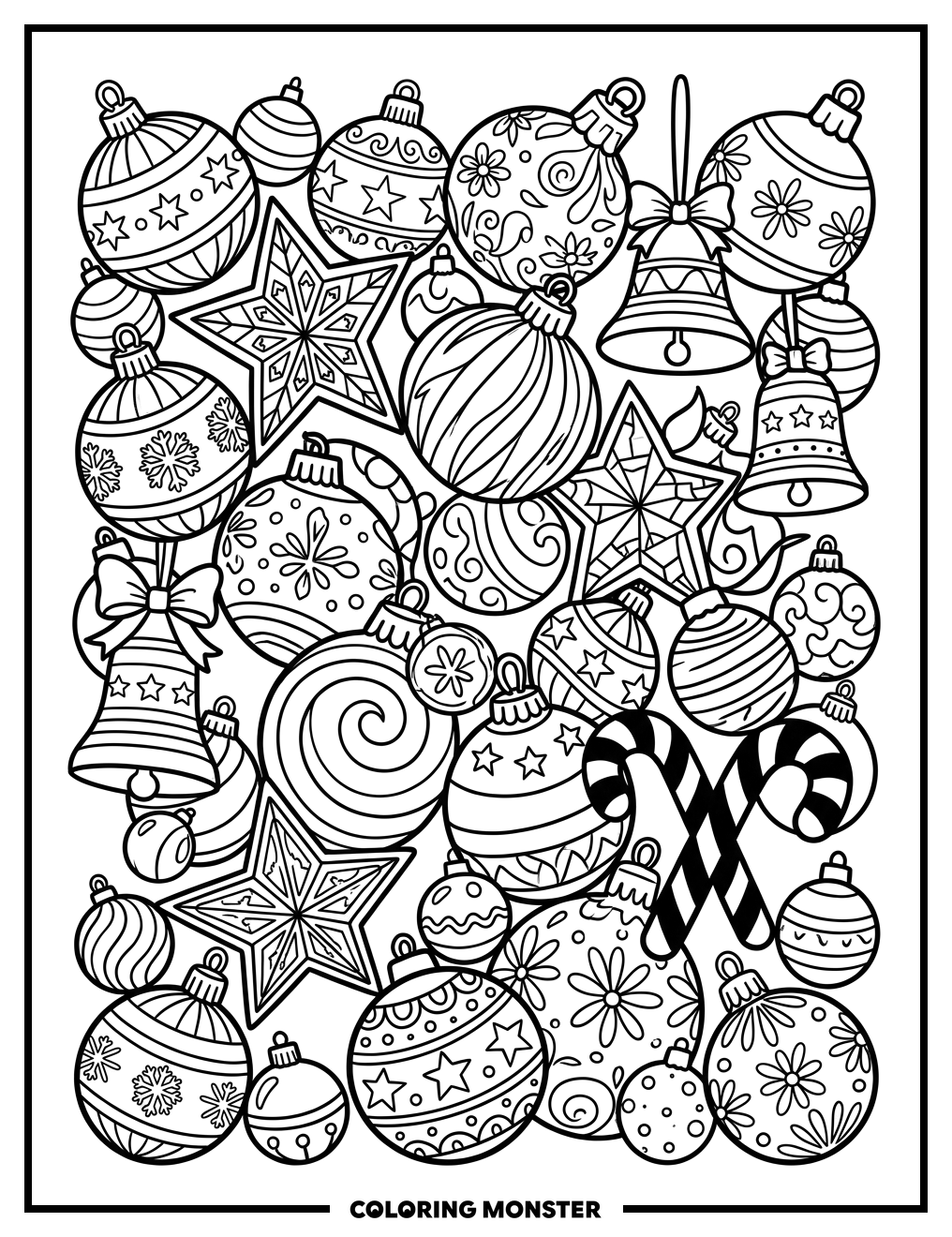 Assorted Christmas Ornaments Collection Coloring Page