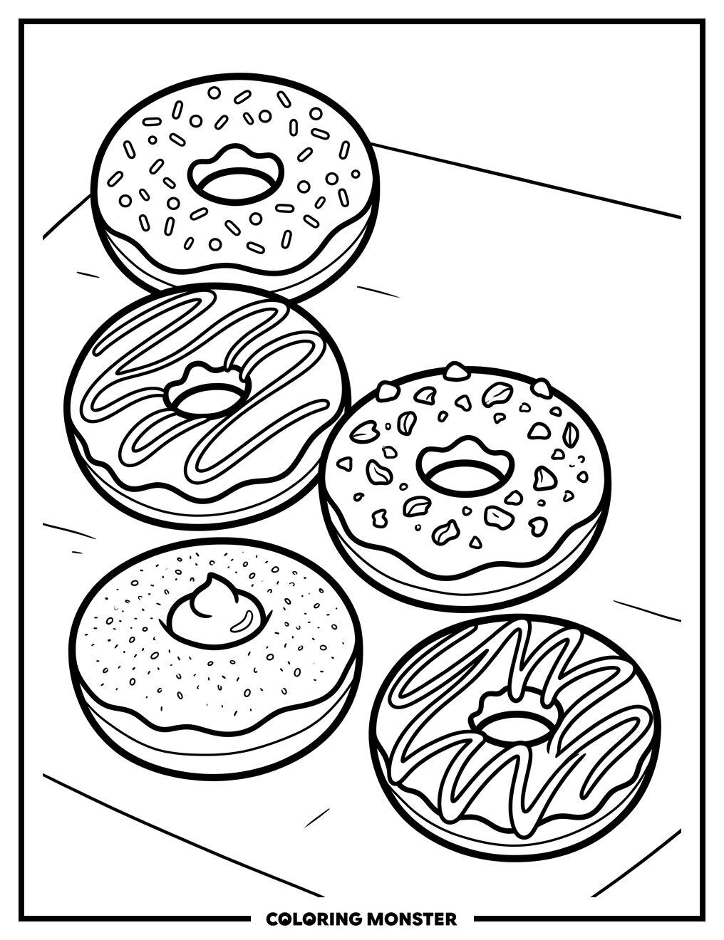 Assortment of Five Delicious Donuts Coloring Page