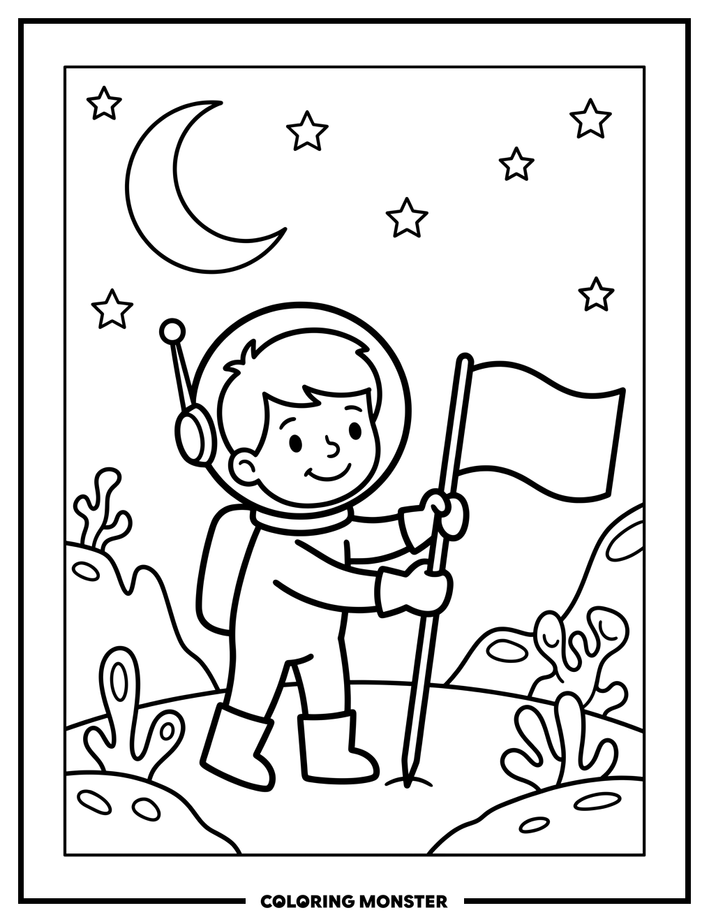 Astronaut Child Plants Flag on Alien Planet Coloring Page