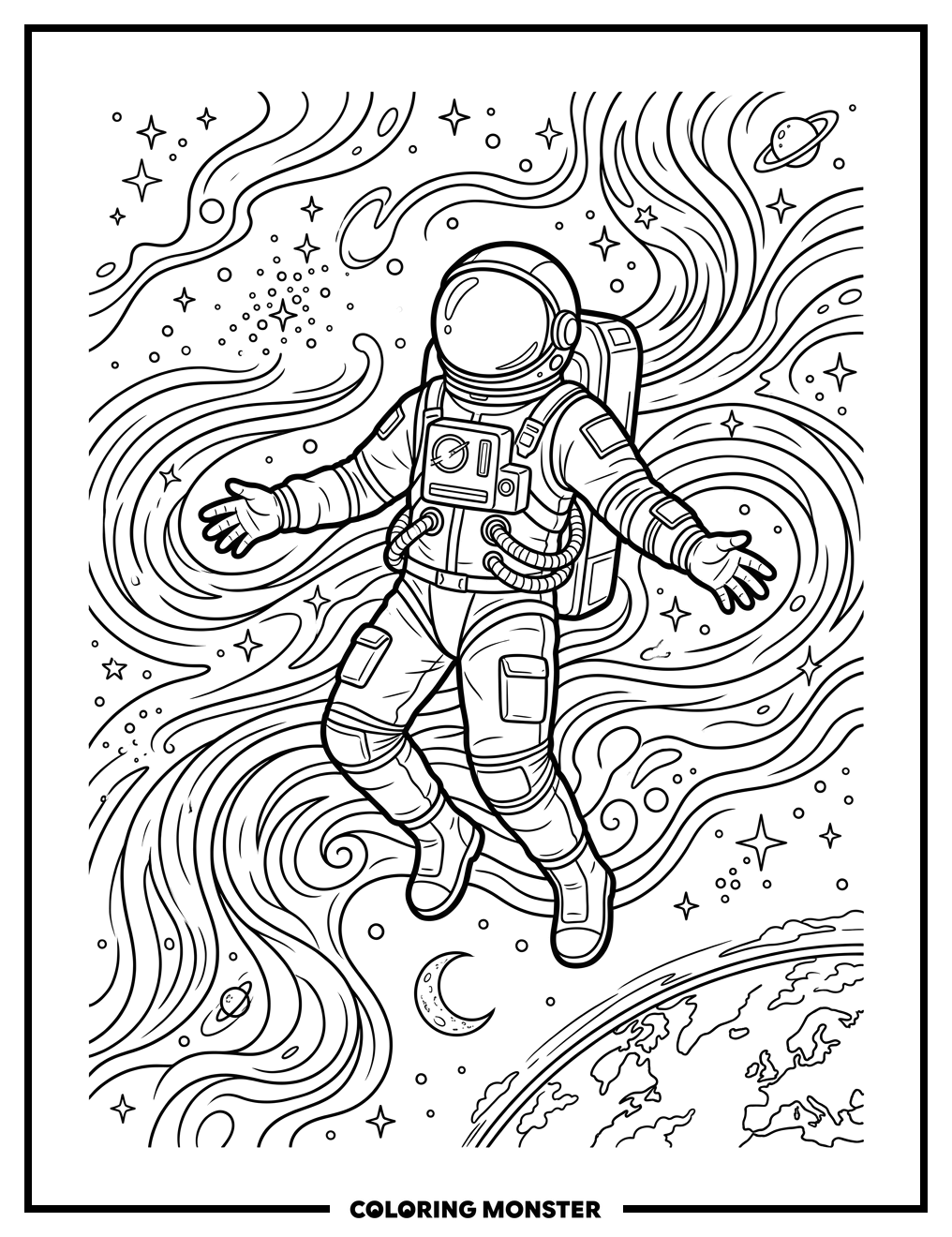 Astronaut Drifting Among Stars Coloring Page