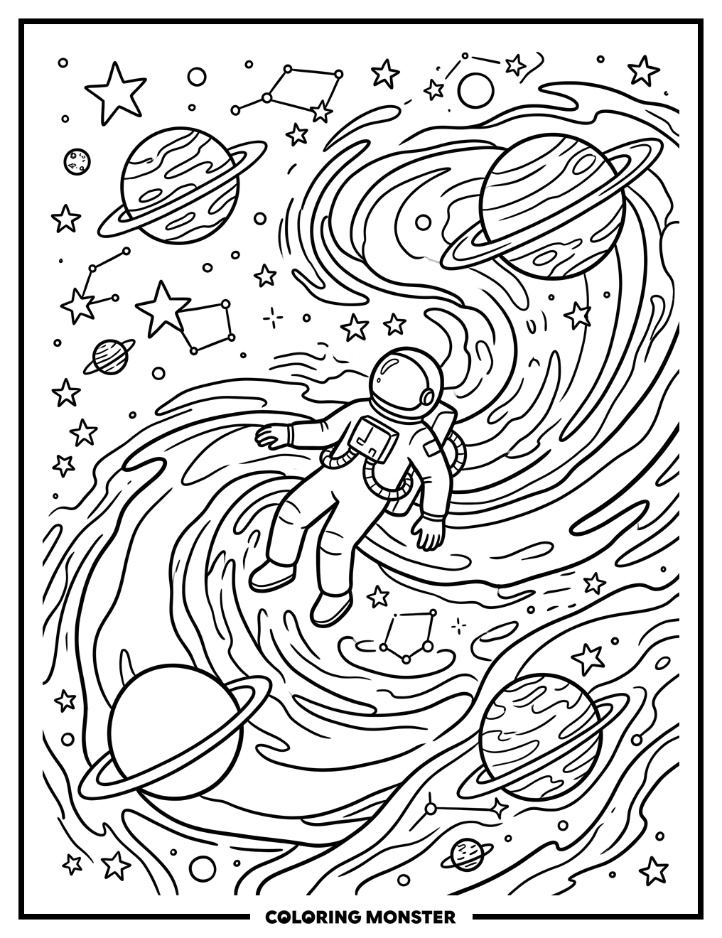 Astronaut Floating In Cosmic Nebula Coloring Page