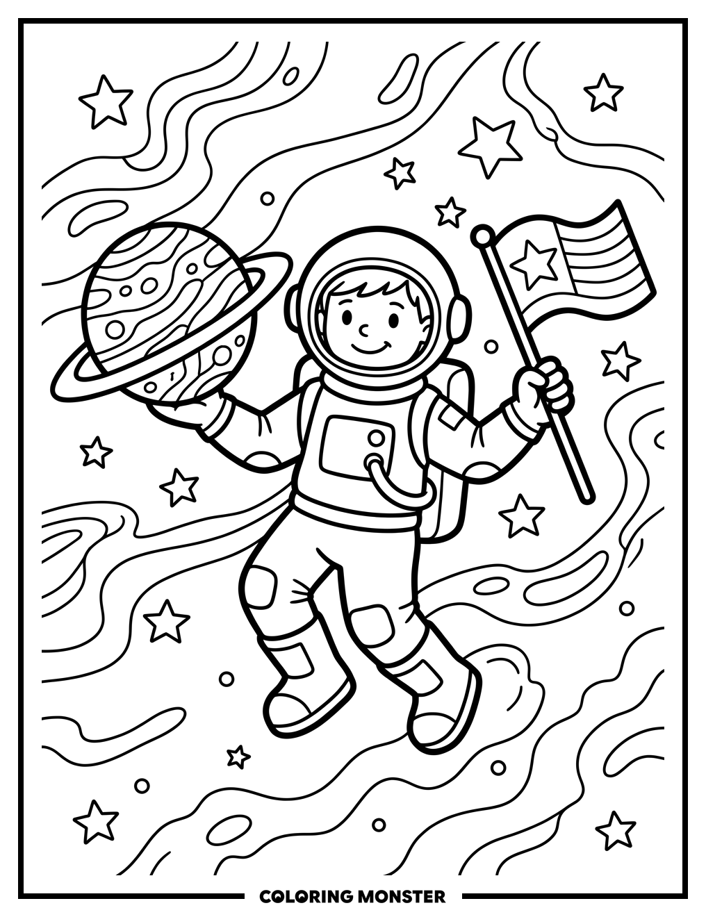 Astronaut Holding Planet and Flag Coloring Page