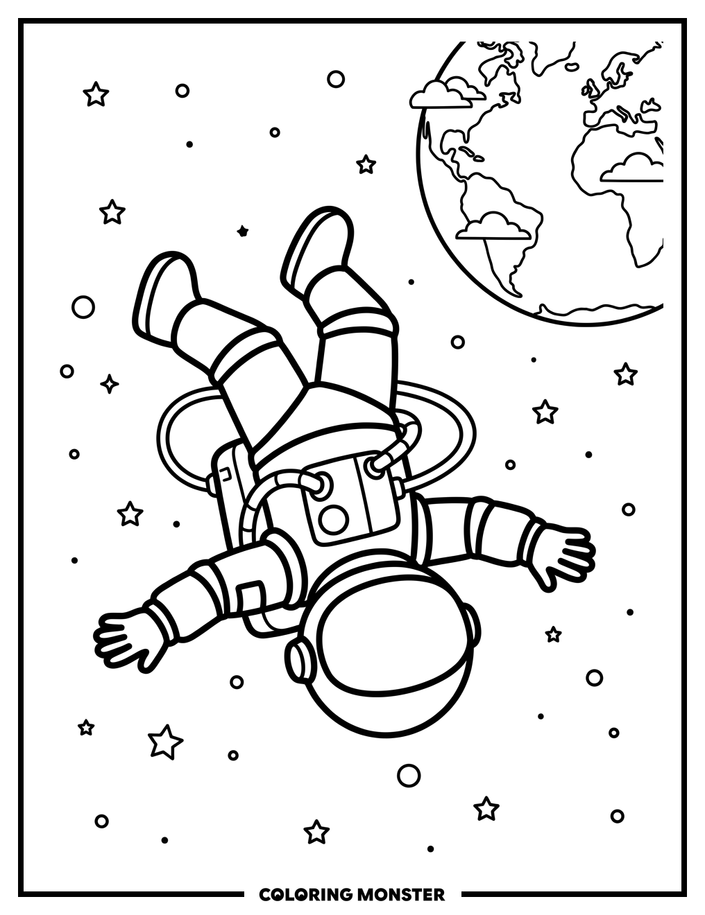 Astronaut in Space Above Earth Coloring Page