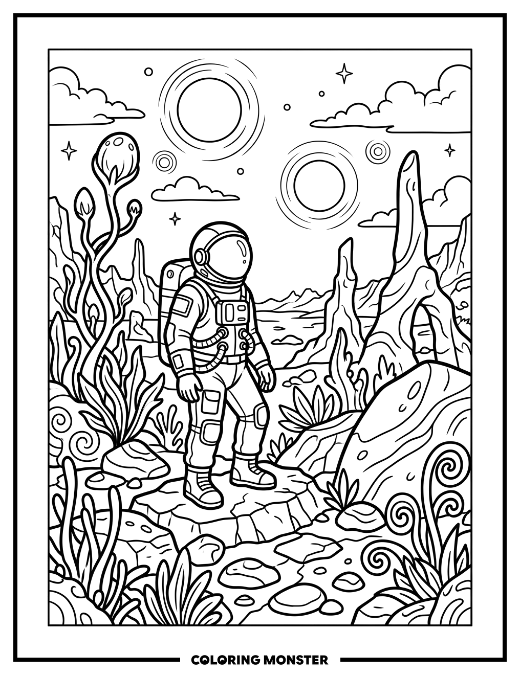 Astronaut on Alien Planet Coloring Page
