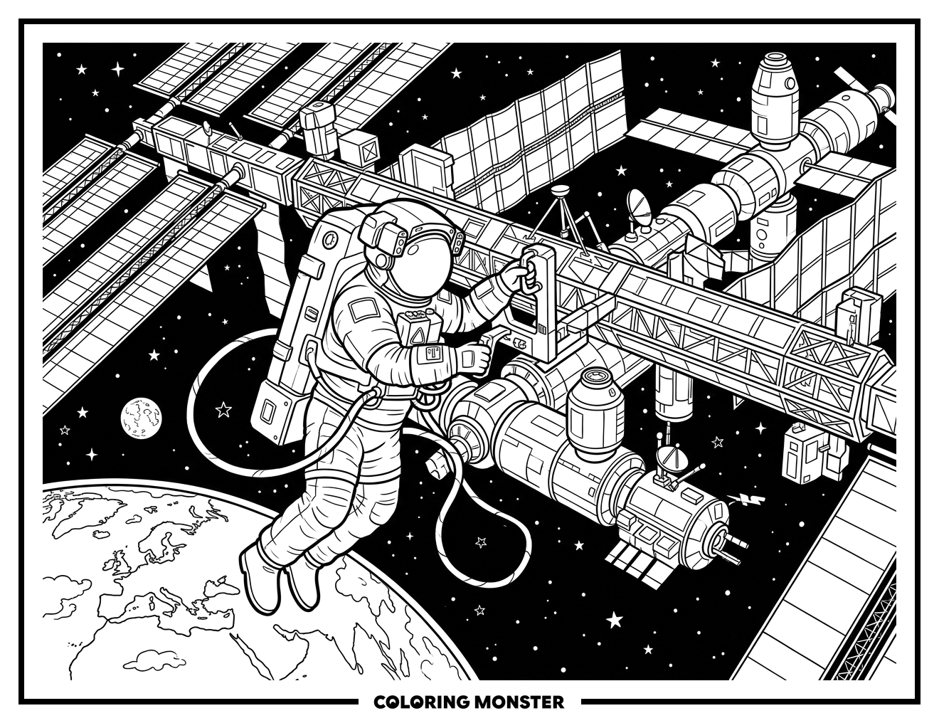 Astronaut On Spacewalk Near ISS Coloring Page