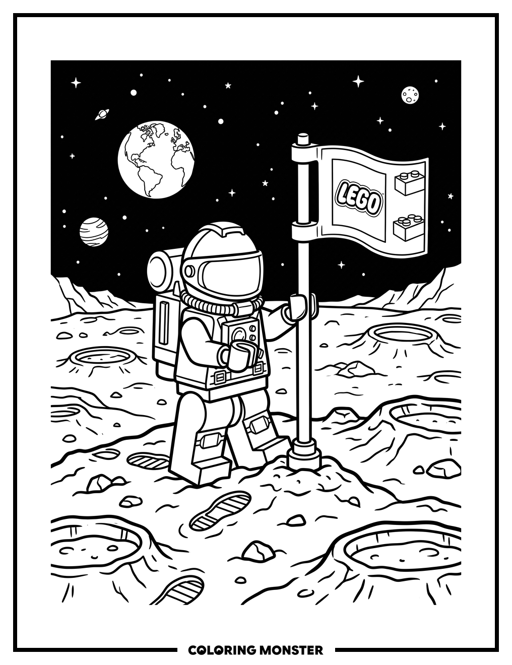 Astronaut Planting Flag on Moon Coloring Page