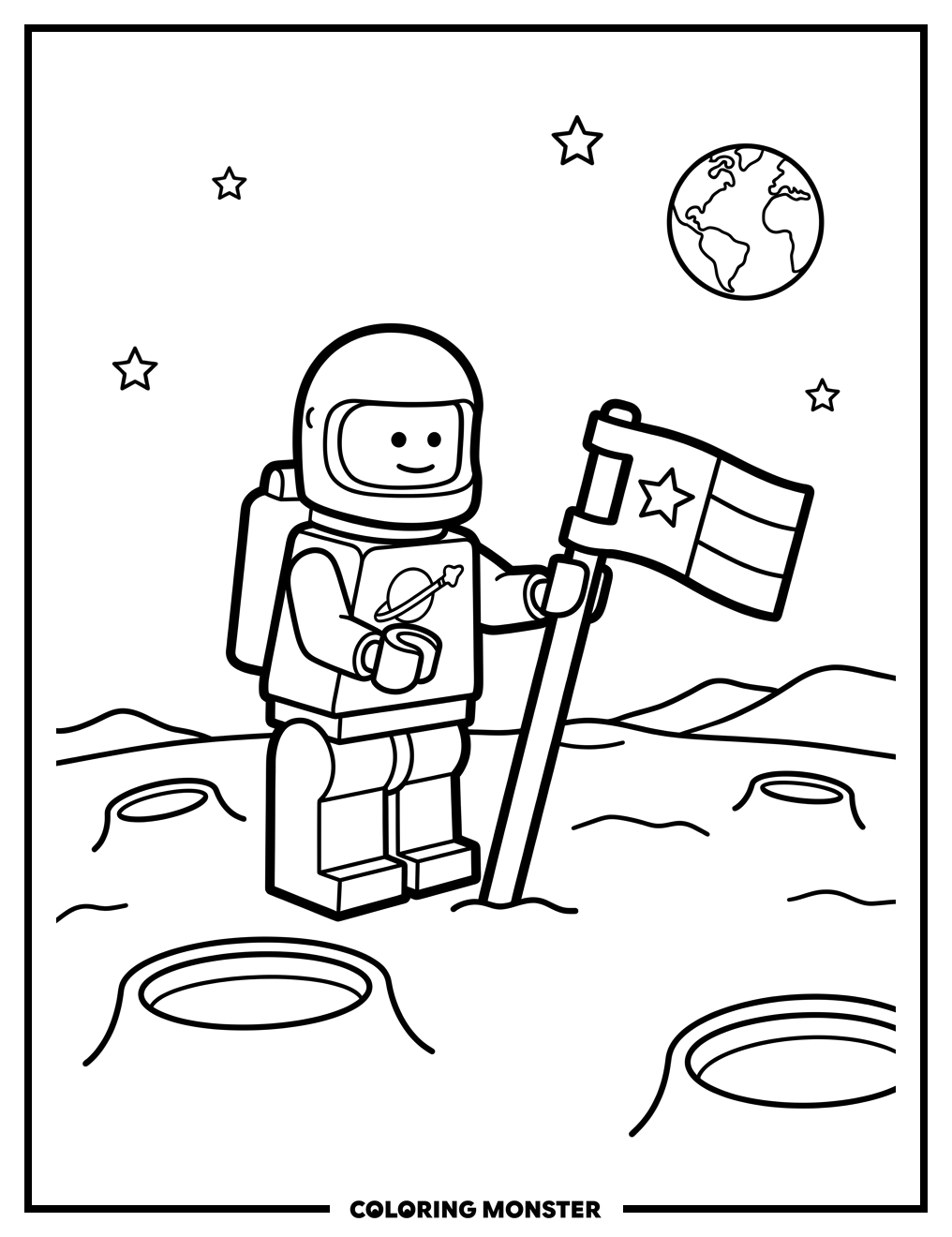 Astronaut Planting Flag on Moon Coloring Page