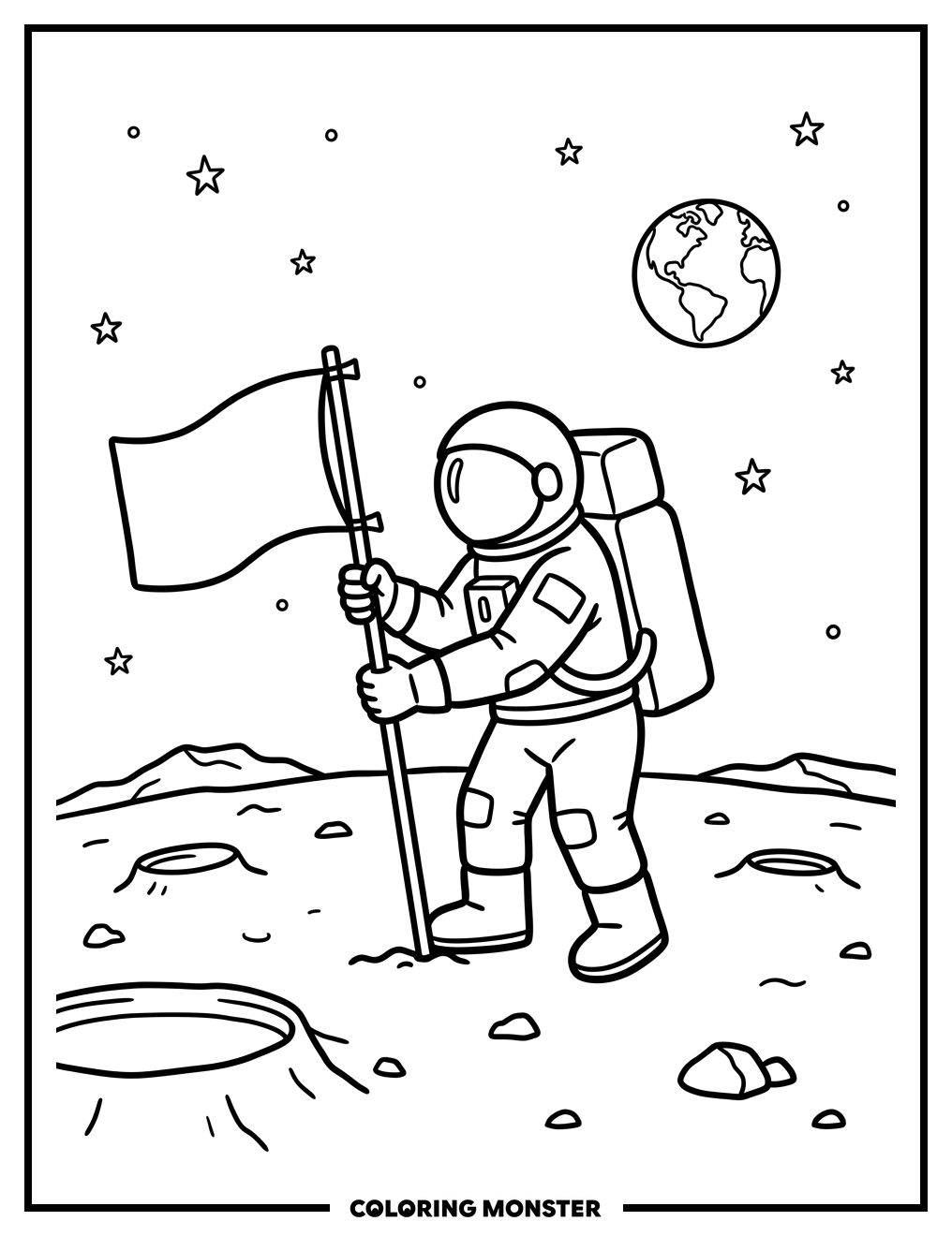 Astronaut Plants Flag On Moon Coloring Page
