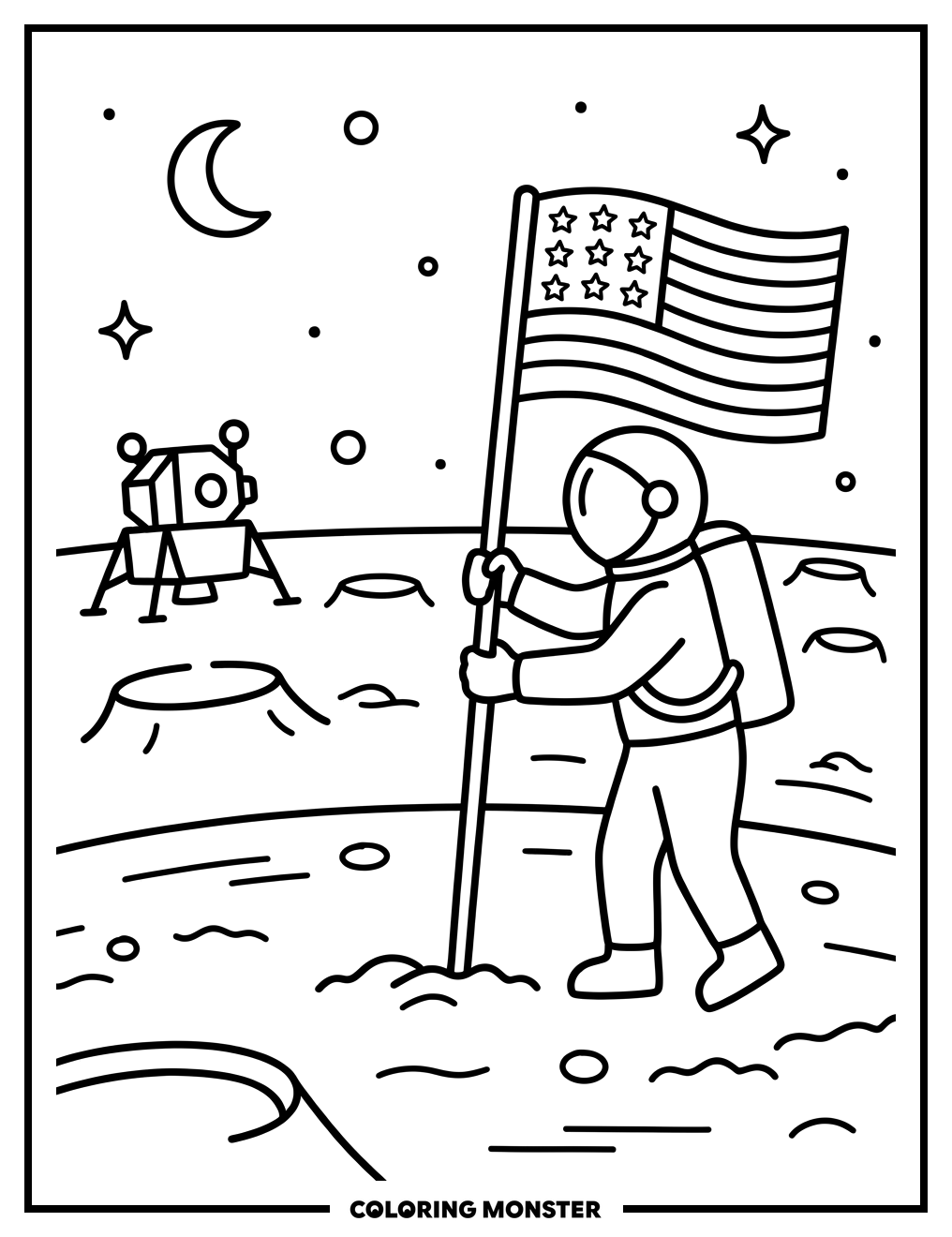 Astronaut Plants Flag On Moon Coloring Page