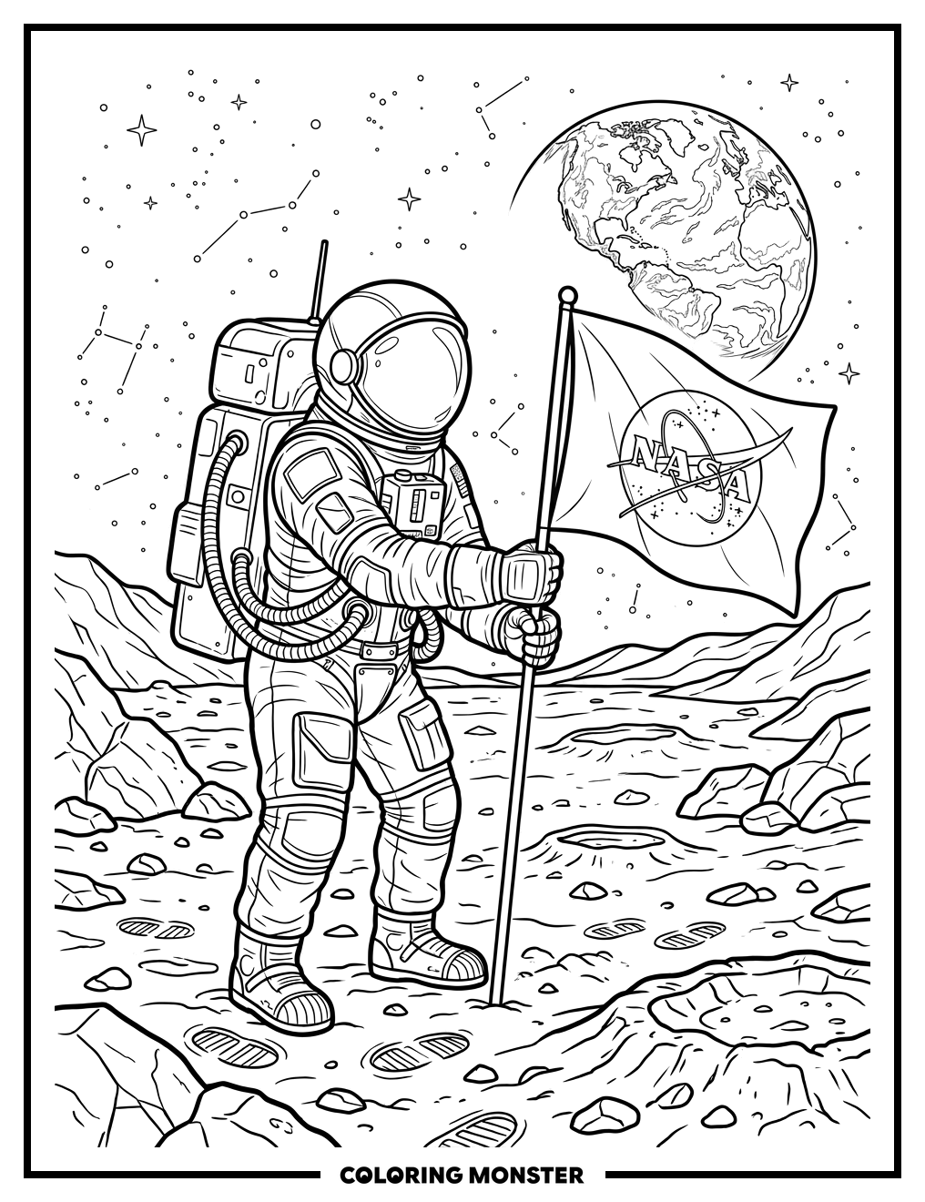 Astronaut Plants Flag on the Moon Coloring Page