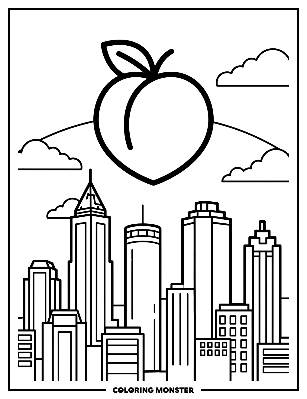 Atlanta Skyline with Giant Peach Coloring Page