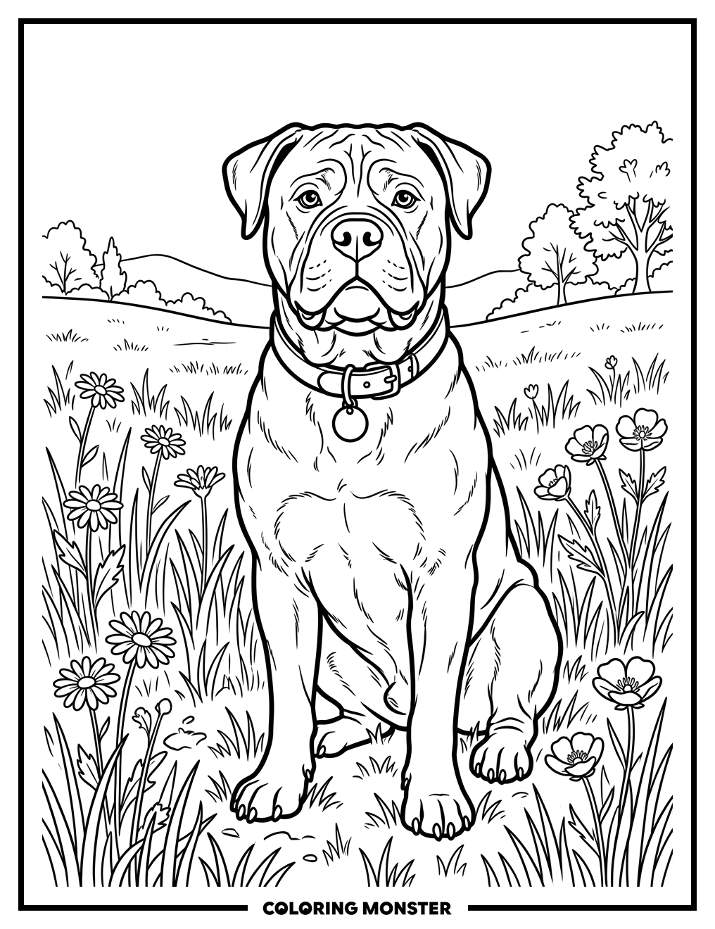 Attentive Bullmastiff in Grassy Field Coloring Page