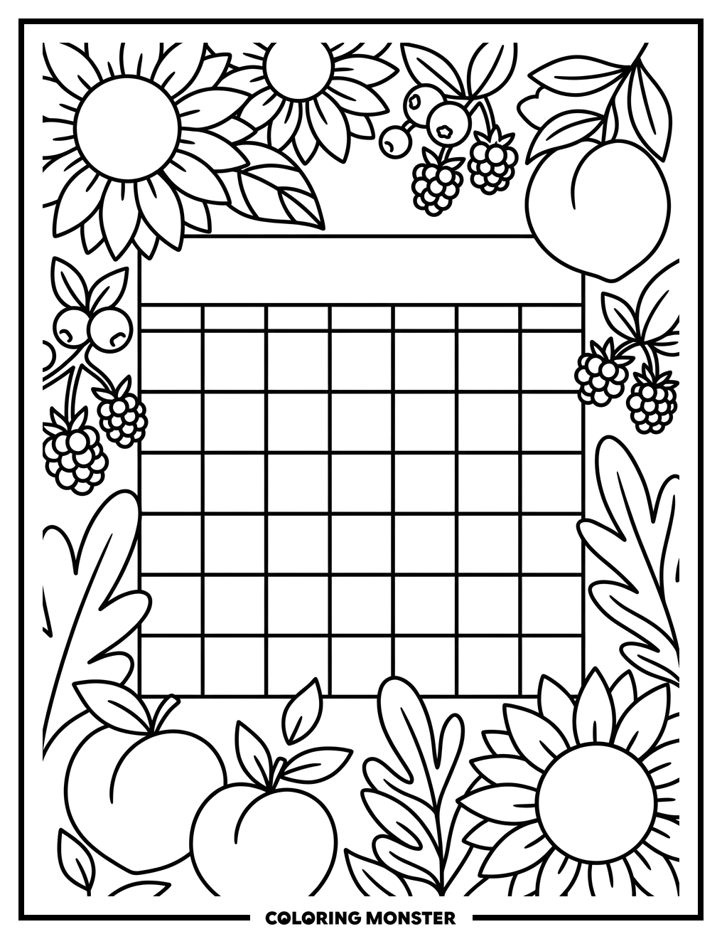 August Calendar Page With Summer Fruits Coloring Page