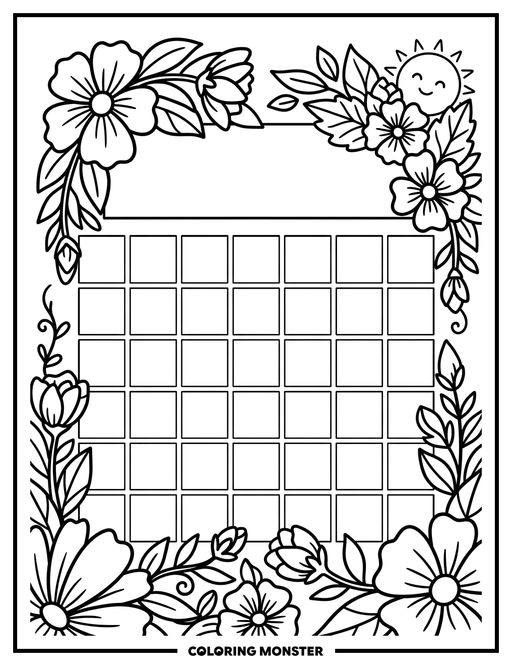 August Calendar With Summer Flowers Coloring Page