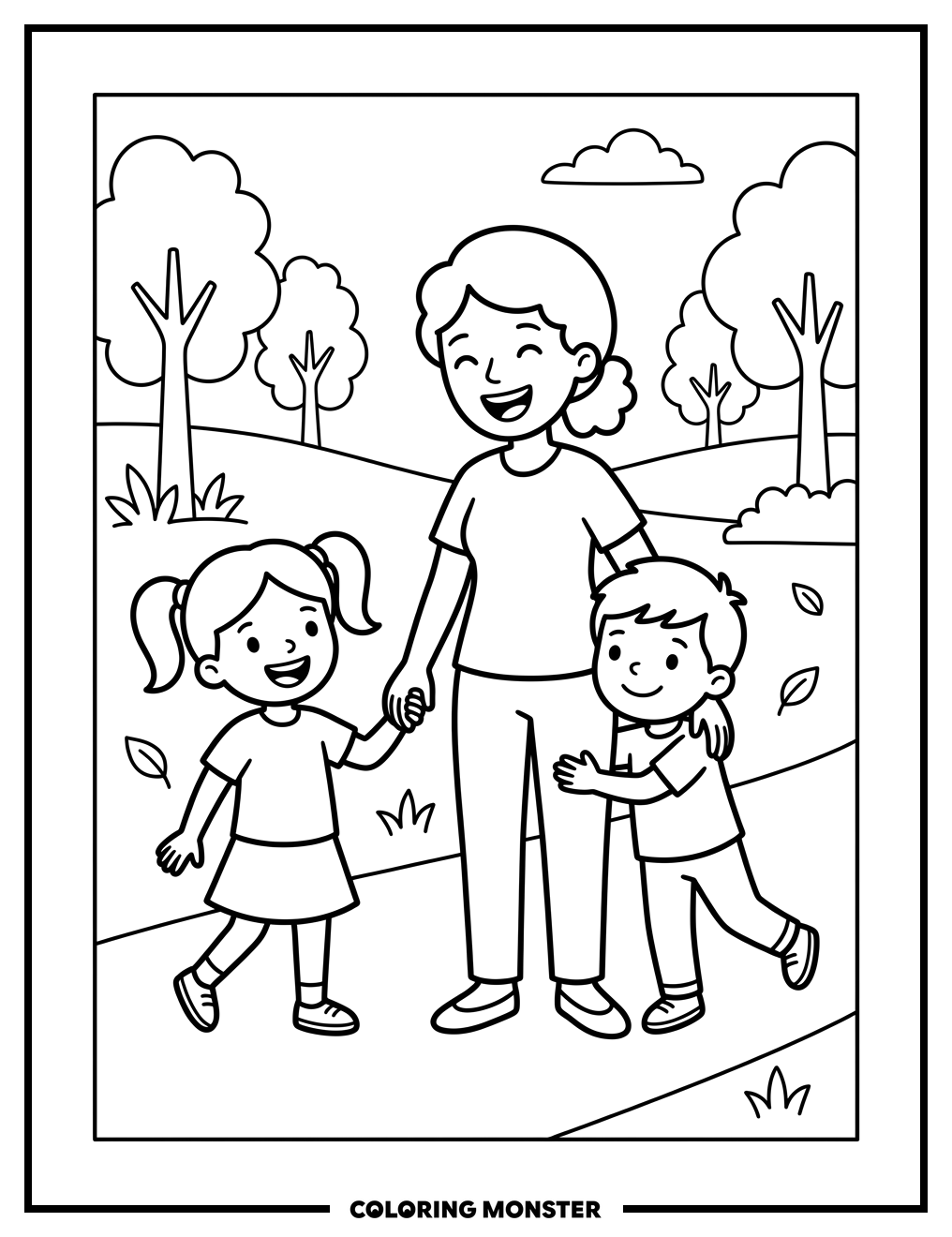 Aunt and Children in a Park Coloring Page