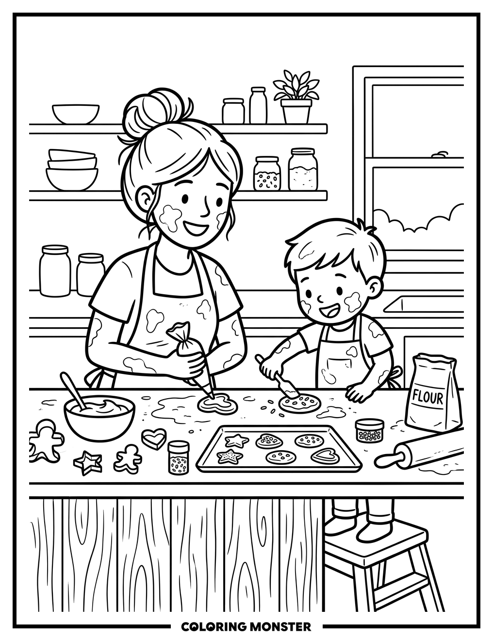 Aunt and Nephew Baking Cookies Coloring Page