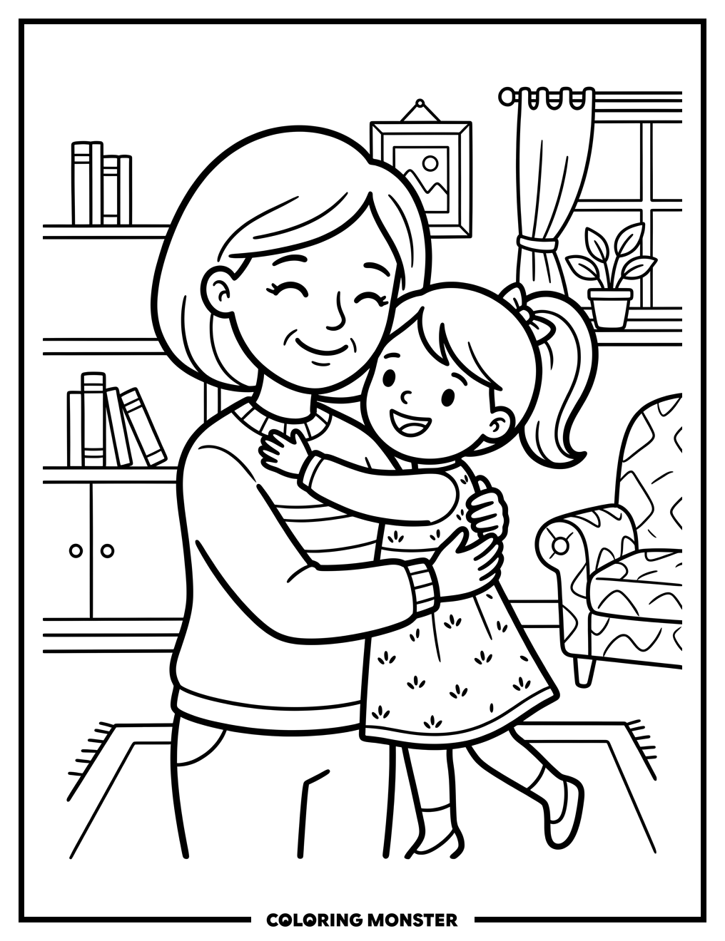 Aunt and Niece Hugging Coloring Page