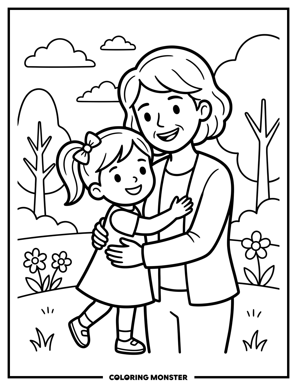 Aunt Hugs Her Niece Coloring Page