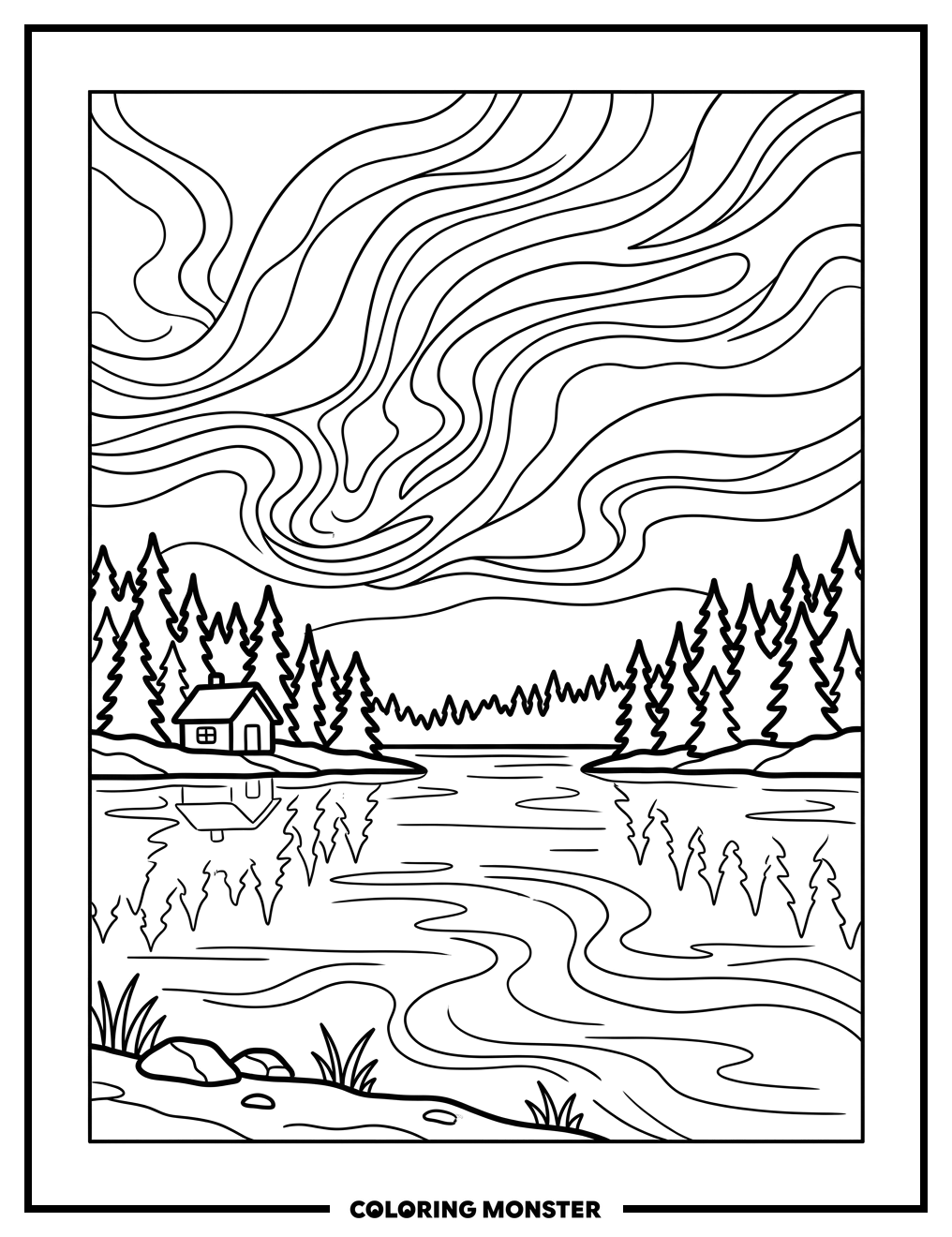Aurora Borealis Over Minnesota Lake Coloring Page