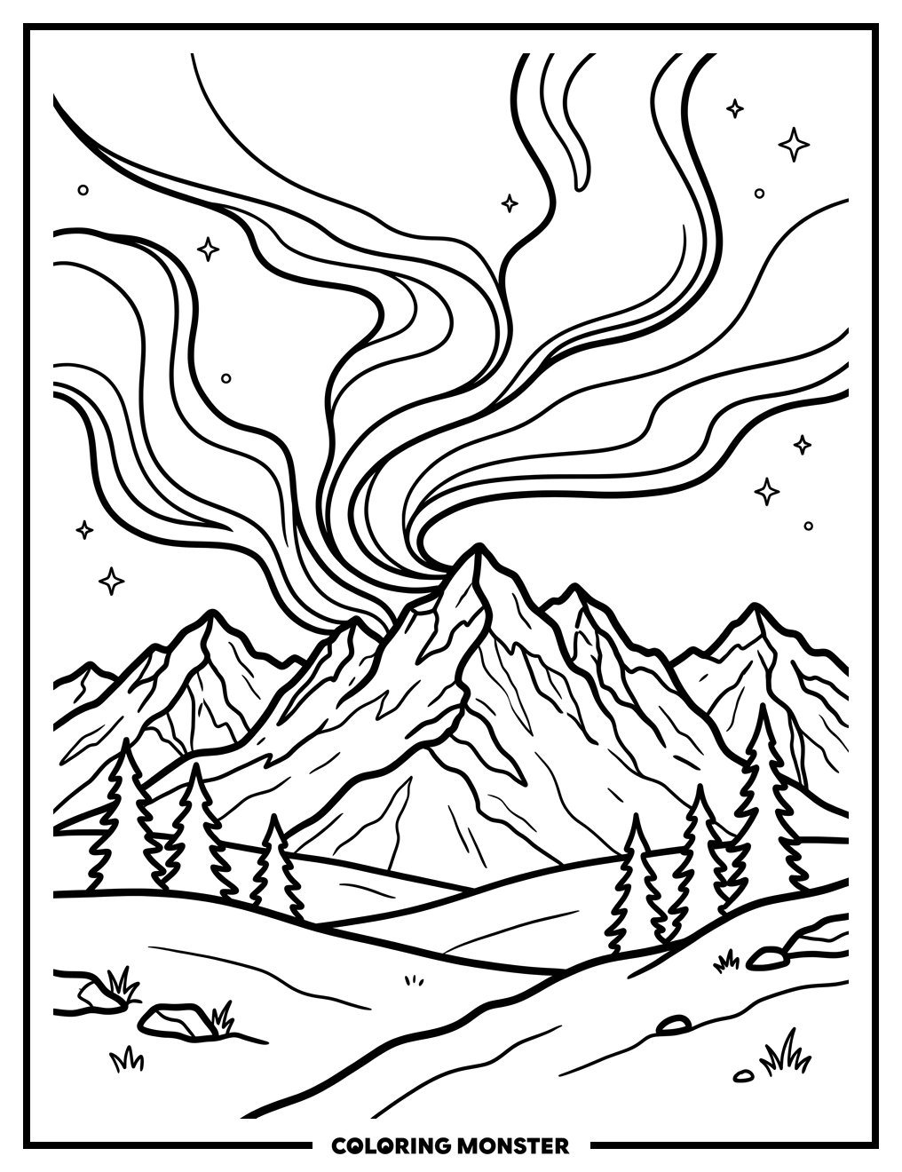 Aurora Borealis Over Snowy Mountains Coloring Page