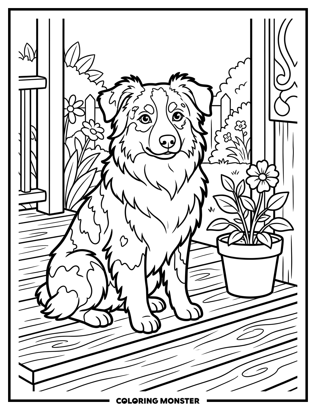 Australian Shepherd on Porch Coloring Page