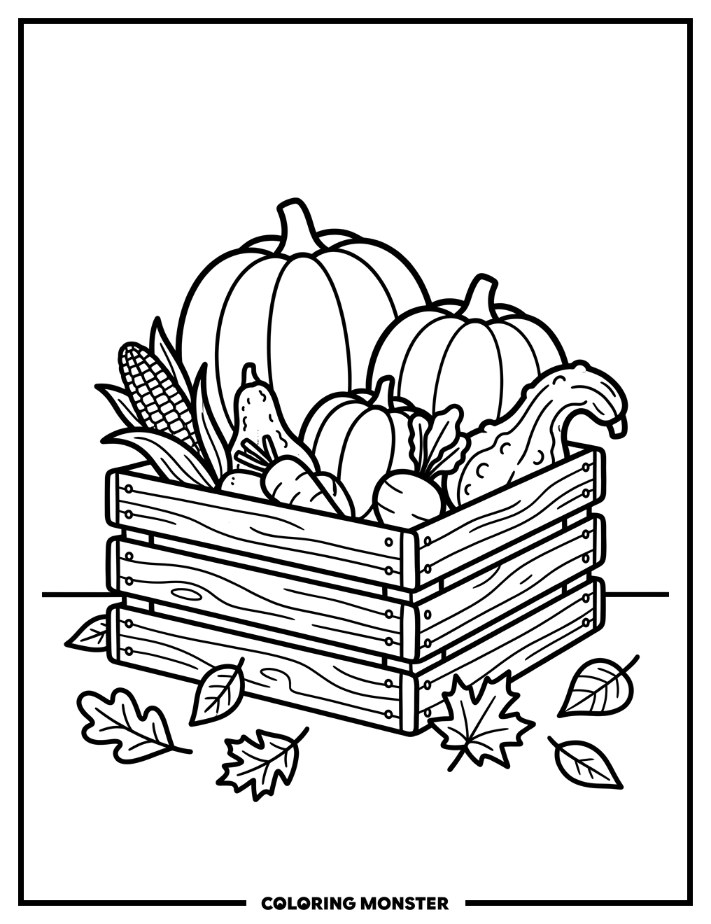 Autumn Harvest Vegetables in Crate Coloring Page