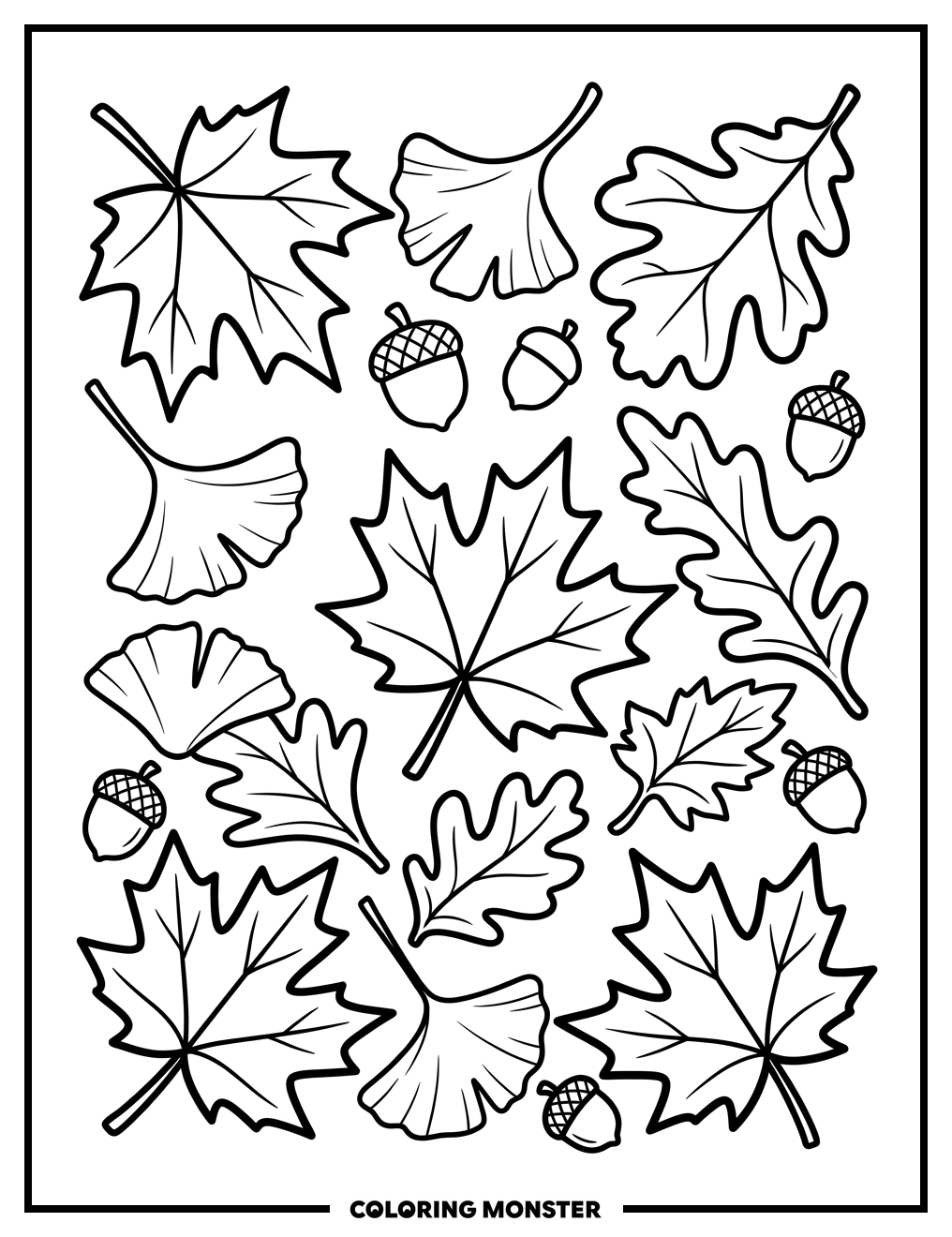 Autumn Leaves and Acorns Coloring Page