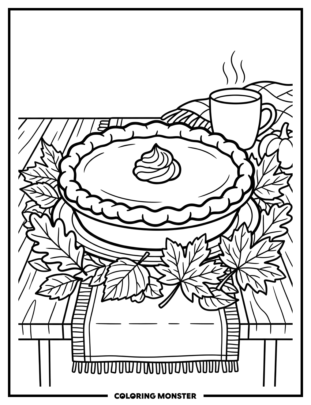 Autumn Leaves and Pumpkin Pie Coloring Page