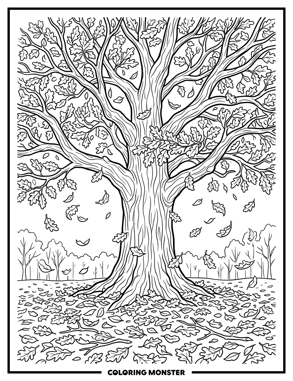 Autumn Oak Tree and Falling Leaves Coloring Page