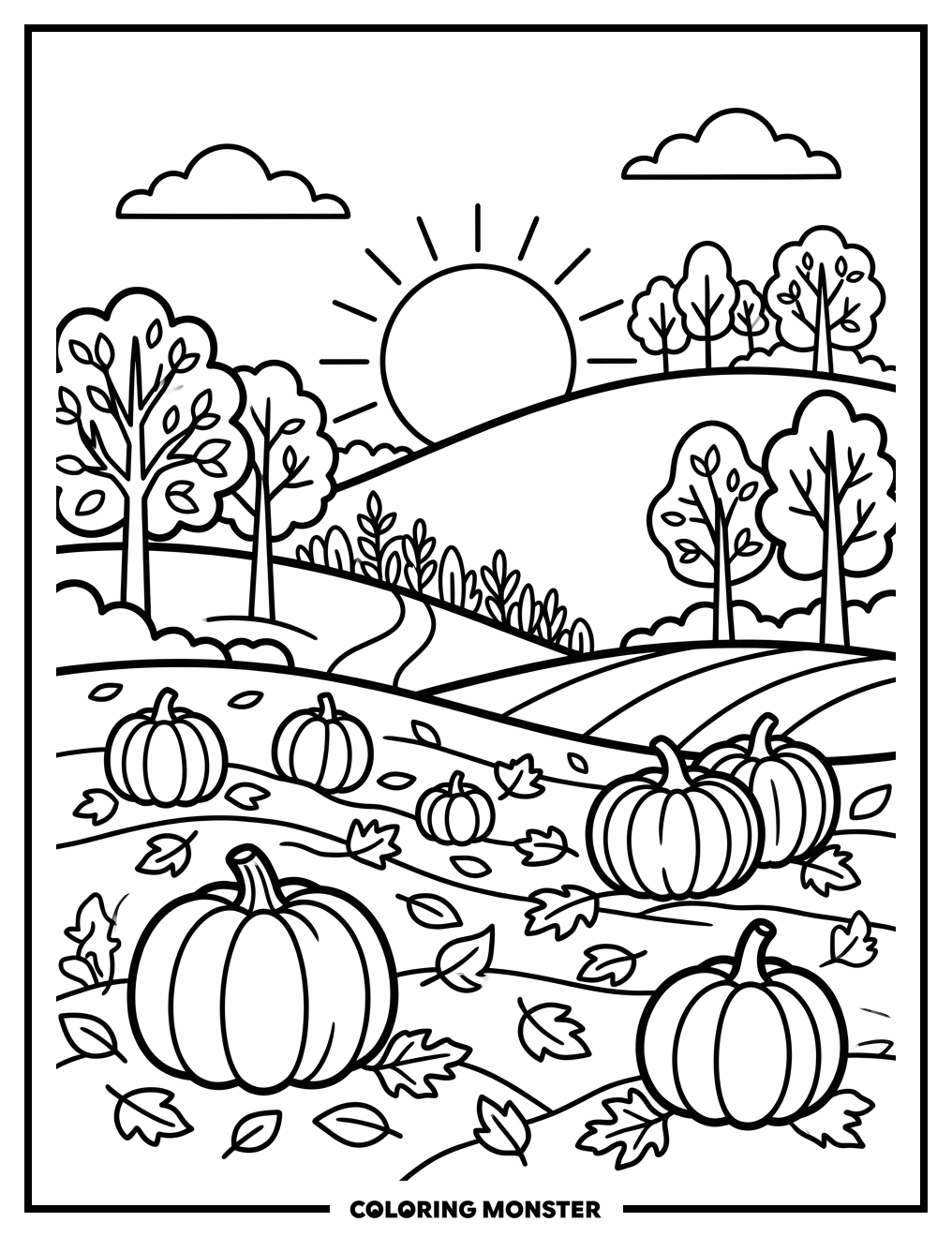 Autumn Pumpkin Patch Landscape Coloring Page