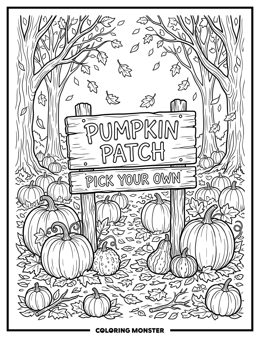Autumn Pumpkin Patch Sign Coloring Page