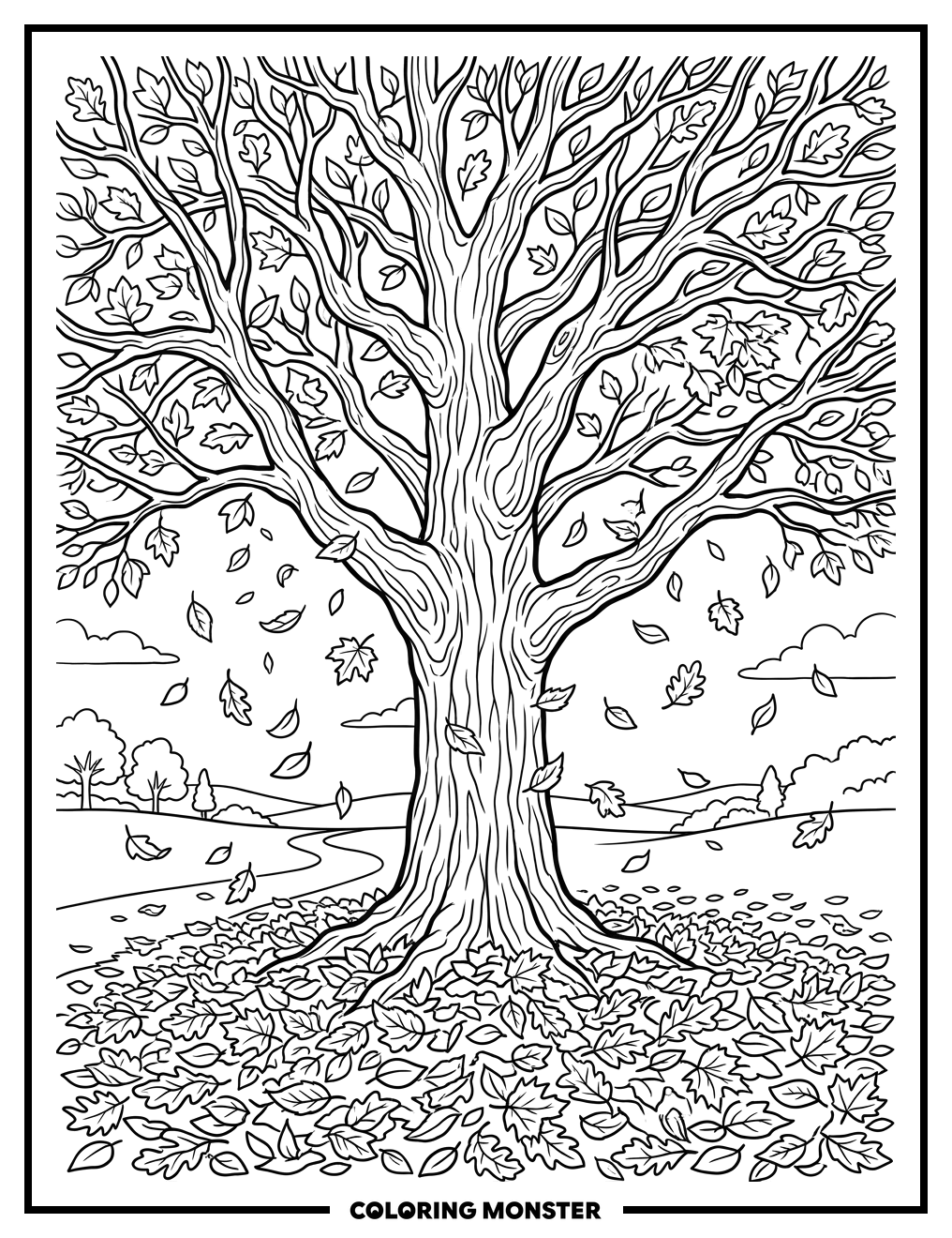Autumn Tree with Falling Leaves Coloring Page