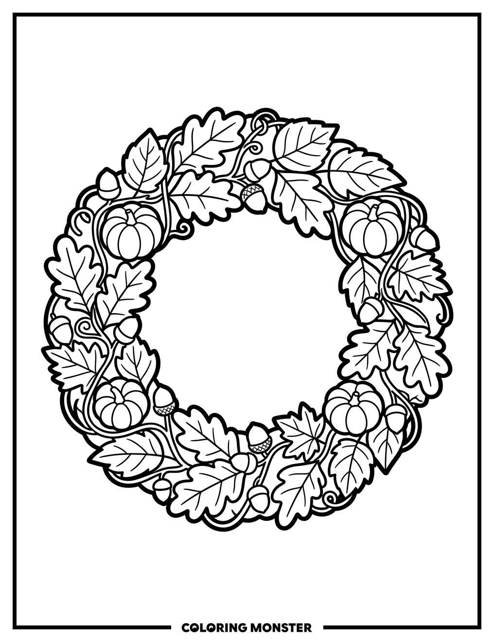 Autumn Wreath with Leaves and Pumpkins Coloring Page