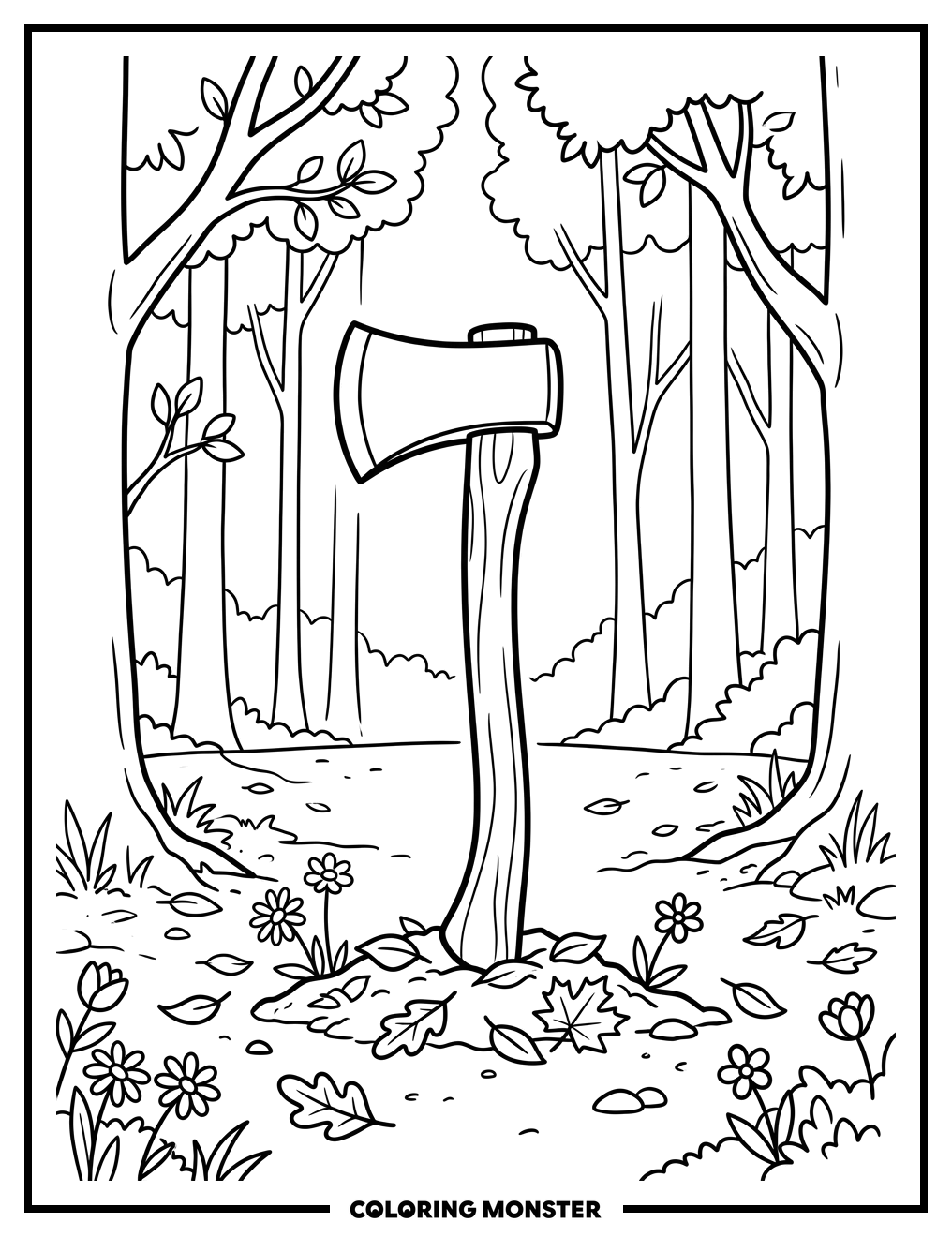 Axe in Forest Clearing Coloring Page