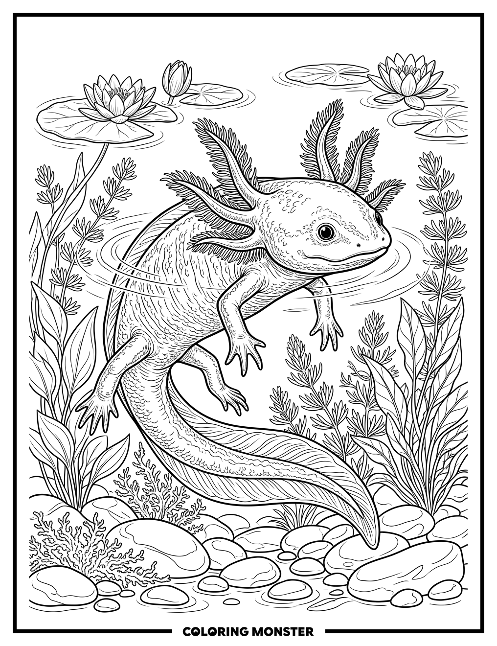 Axolotl in a Pond Coloring Page