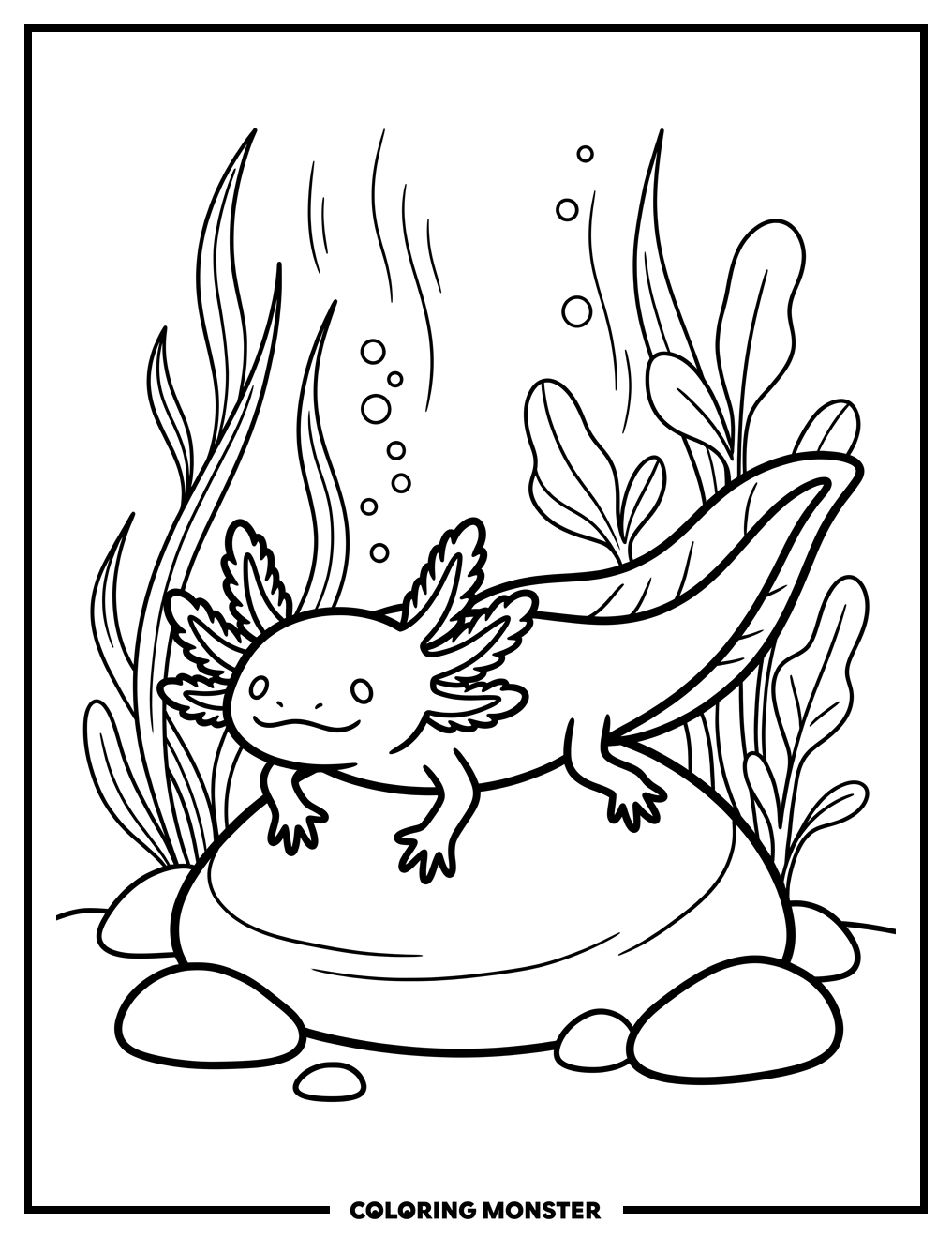Axolotl Resting on River Rock Coloring Page