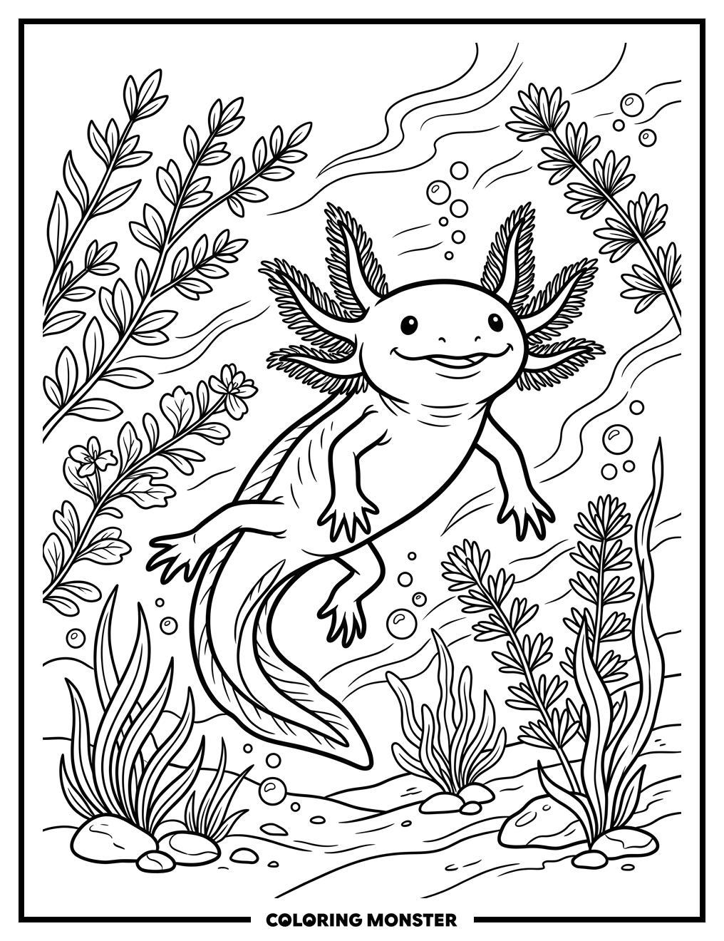 Axolotl Swimming Among Plants Coloring Page