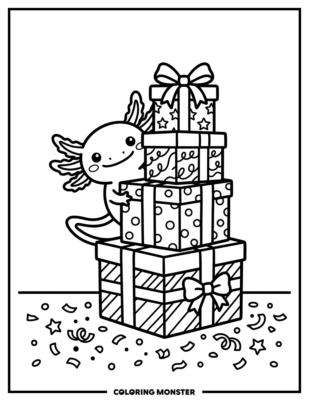 Axolotl With Birthday Presents Coloring Page