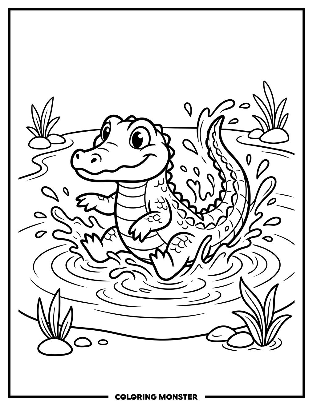 Baby Alligator Splashing in Water Coloring Page