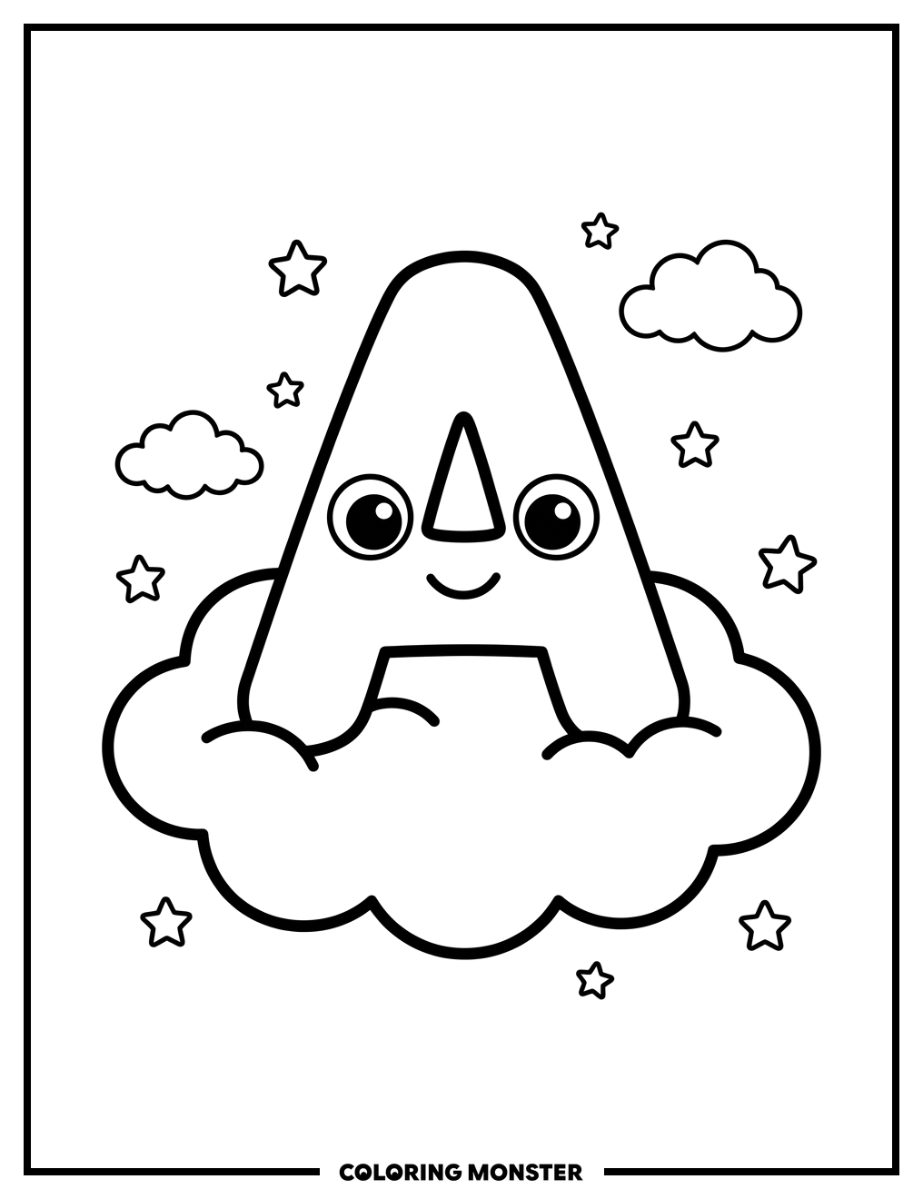 Baby Alphabet Letter A on a Cloud Coloring Page