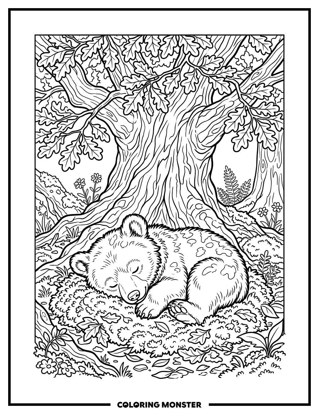 Baby Bear Asleep Under Oak Tree Coloring Page