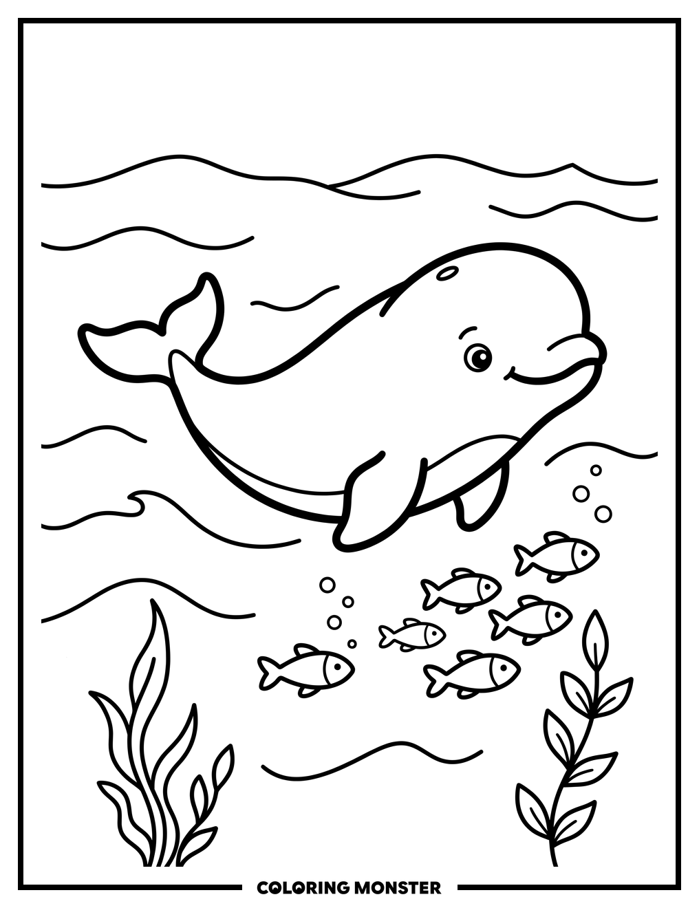 Baby Beluga Whale With Fish Coloring Page