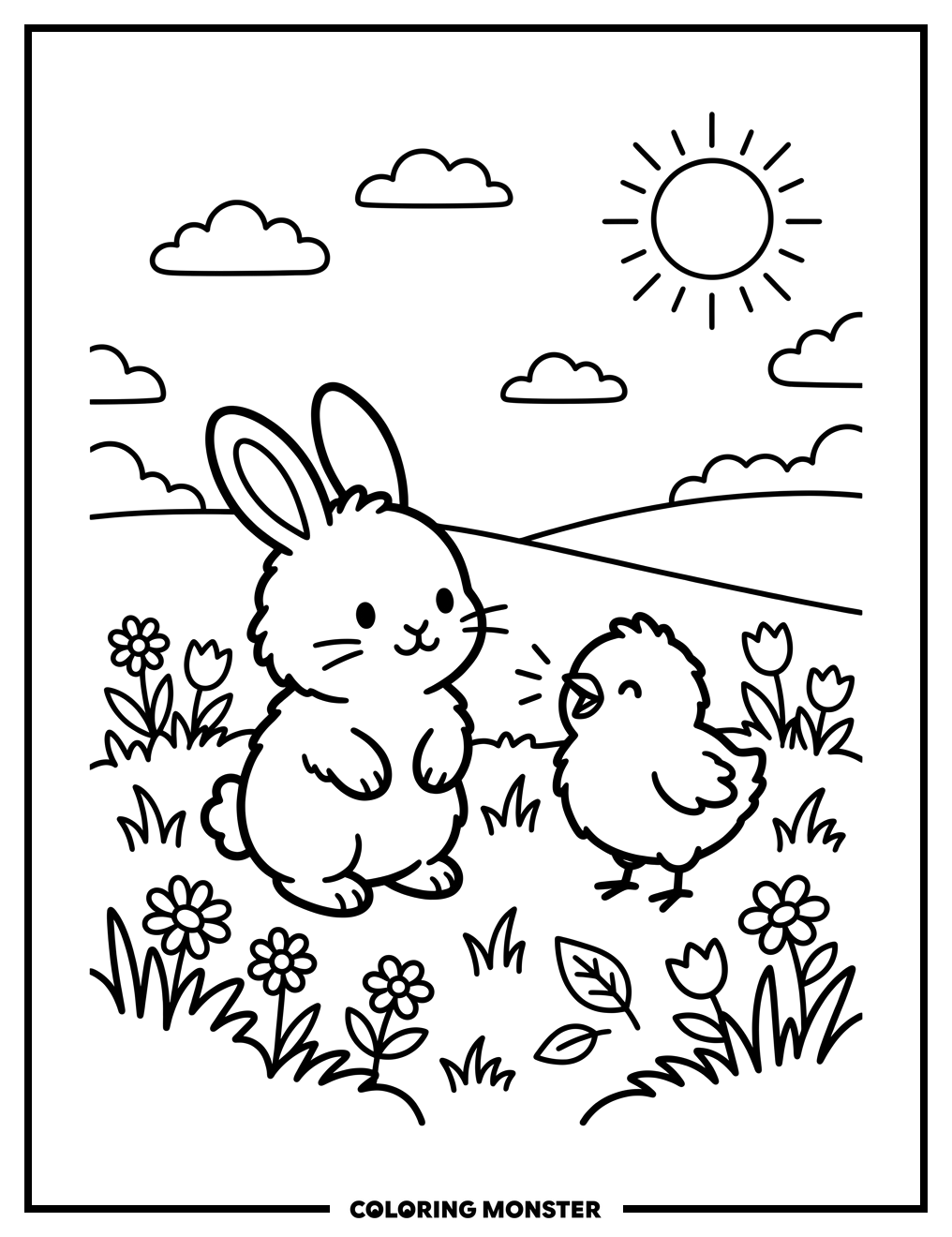 Baby Bunny and Chick in Meadow Coloring Page