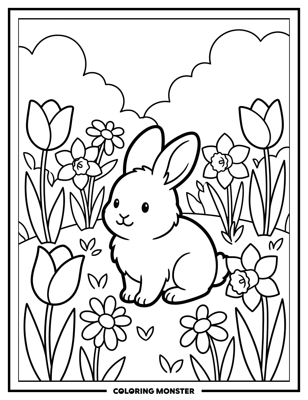 Baby Bunny in Spring Flower Field Coloring Page