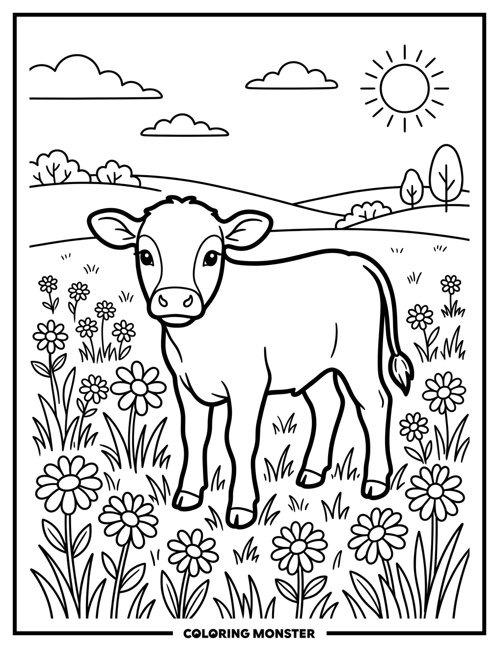 Baby Calf in Sunny Meadow Coloring Page