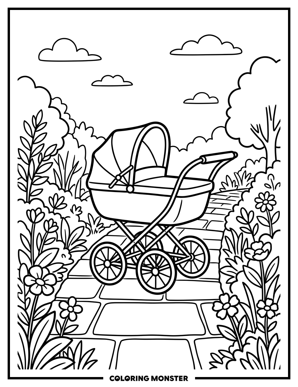 Baby Carriage on Garden Path Coloring Page